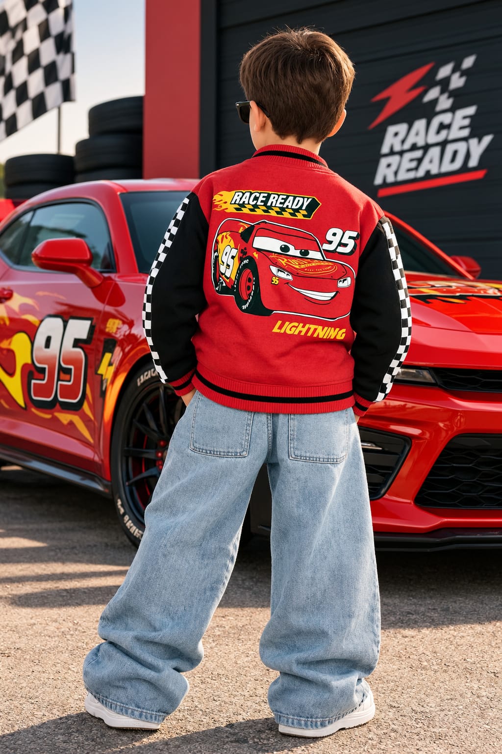 Kids' Red Racing Cartoon Varsity Jacket