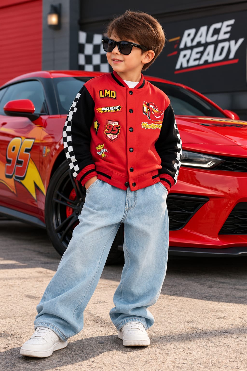 Kids' Red Racing Cartoon Varsity Jacket