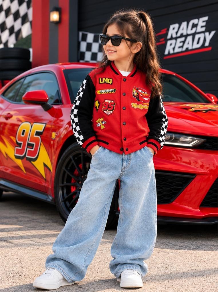 Kids' Red Racing Cartoon Varsity Jacket