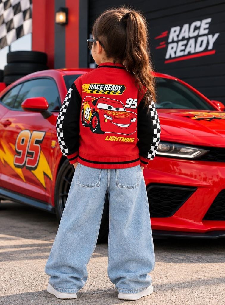 Kids' Red Racing Cartoon Varsity Jacket